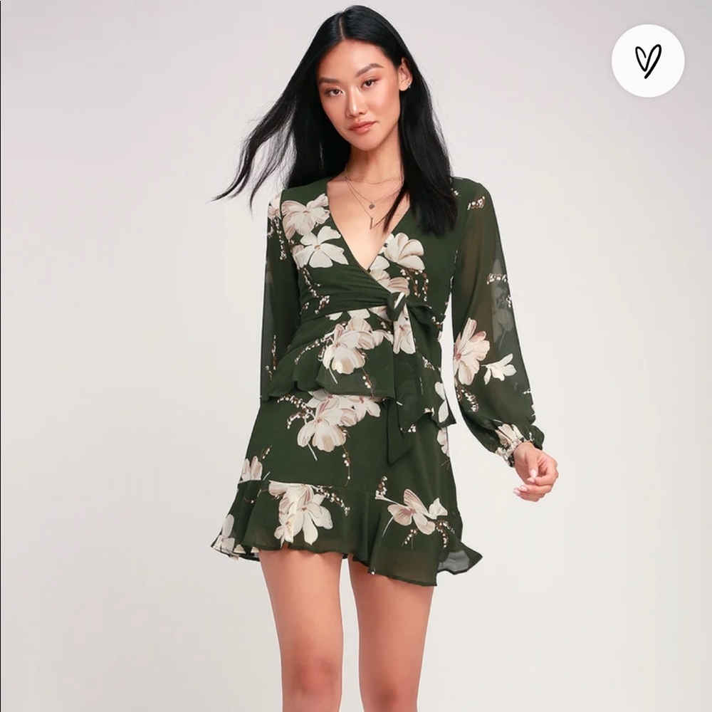 Lulus Olive green floral print long sleeve dress